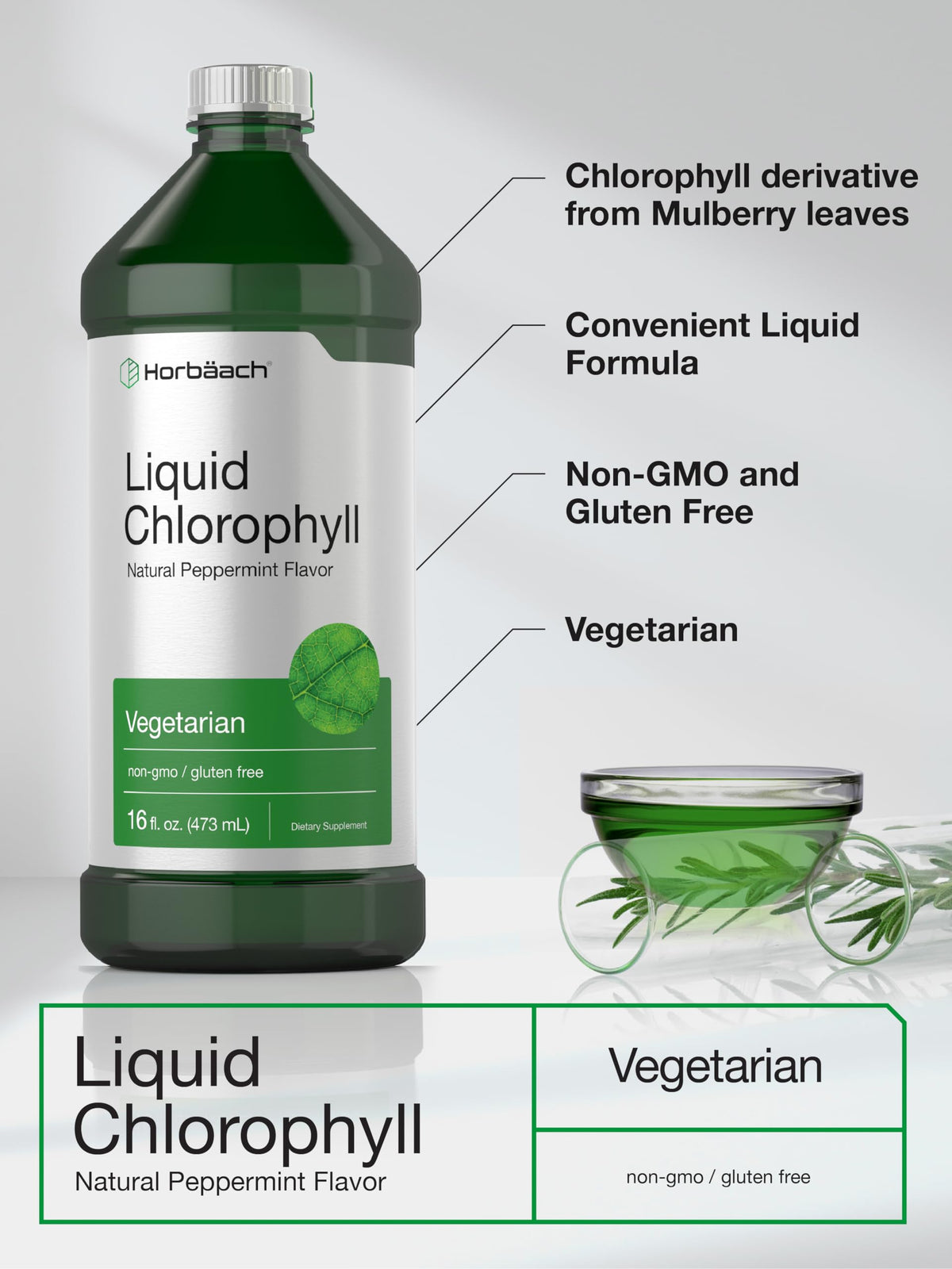 Two bottles of Horbäach Peppermint Chlorophyll Drops displaying vegetarian and gluten free labels