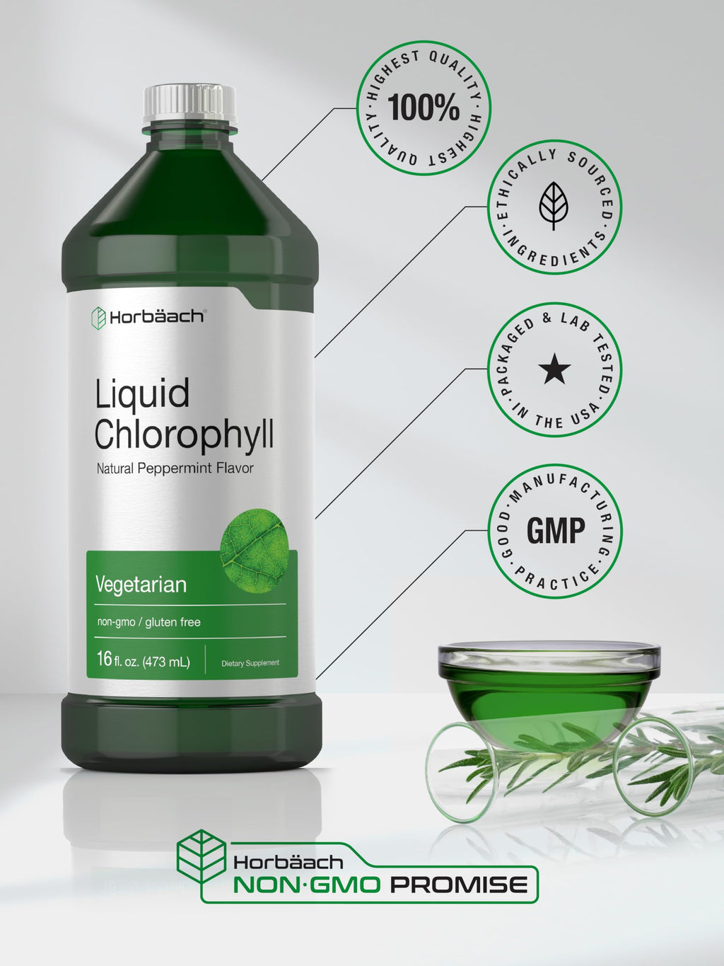 Close up of Horbäach Chlorophyll Liquid bottle cap and pouring spout design