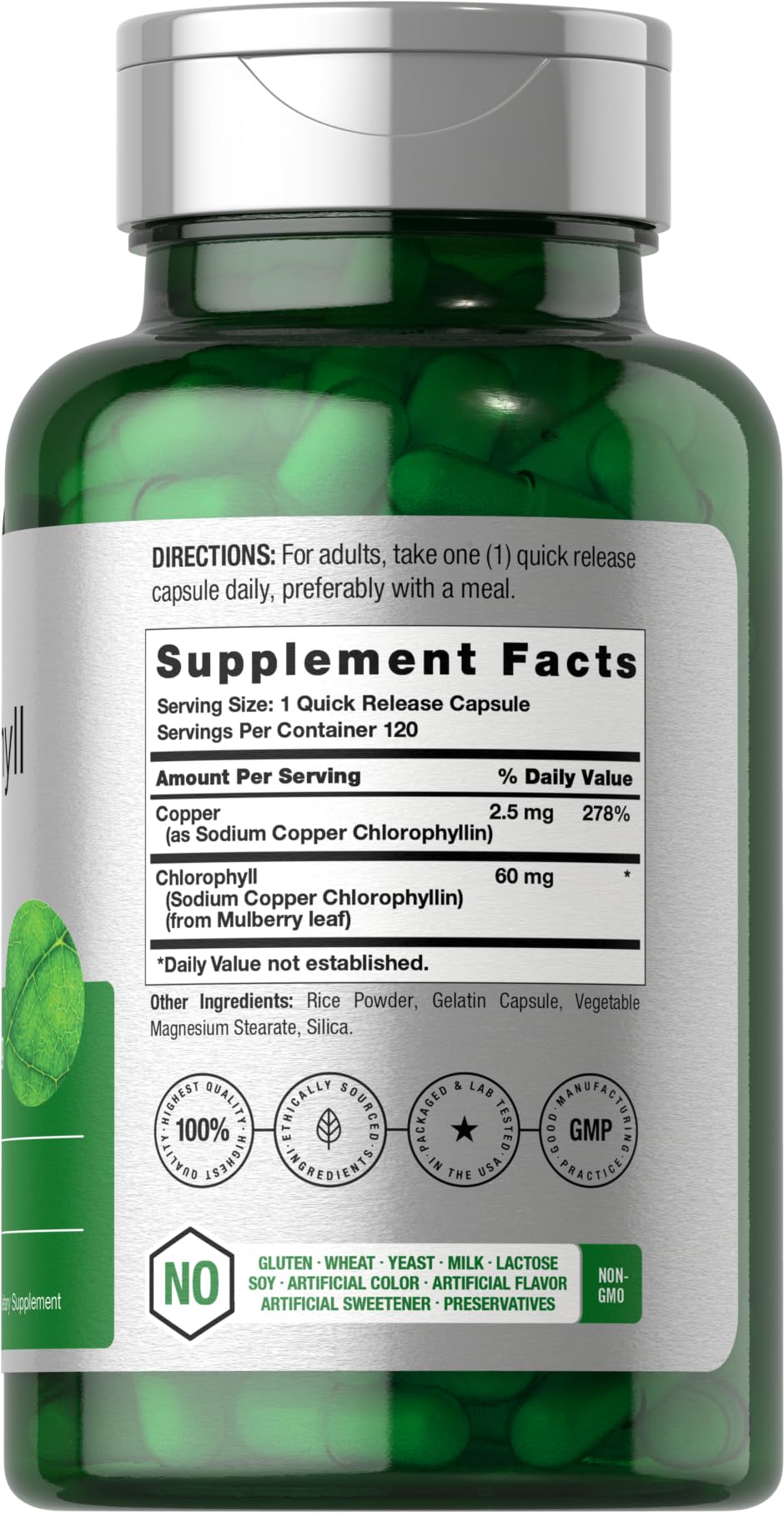 Horbaach Chlorophyll 60mg quick release dietary supplement capsules label details and supplement facts