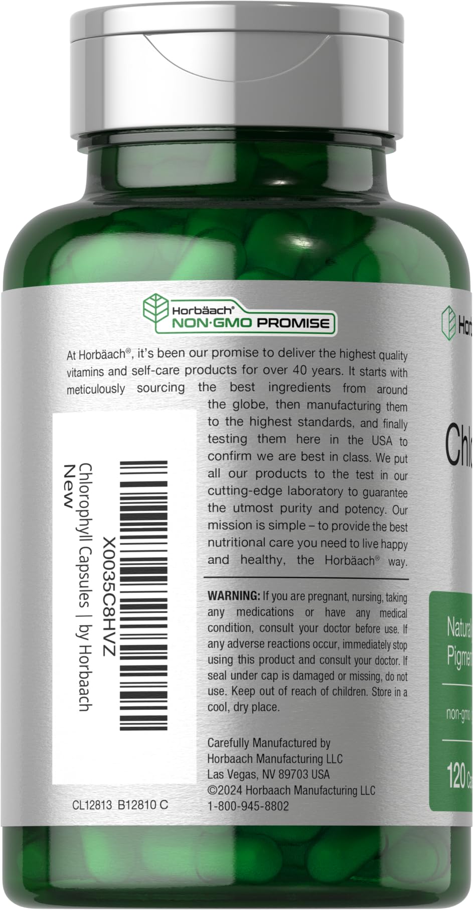 Authentic Horbaach Chlorophyll capsules from mulberry leaves showing non-GMO gluten free seals
