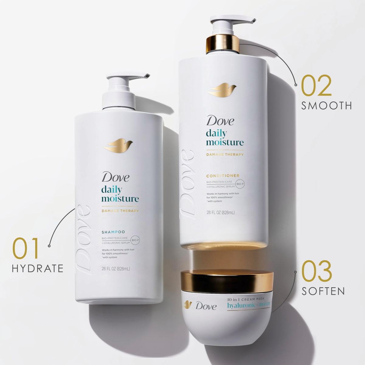 Full range Dove Daily Moisture hair care system bottle