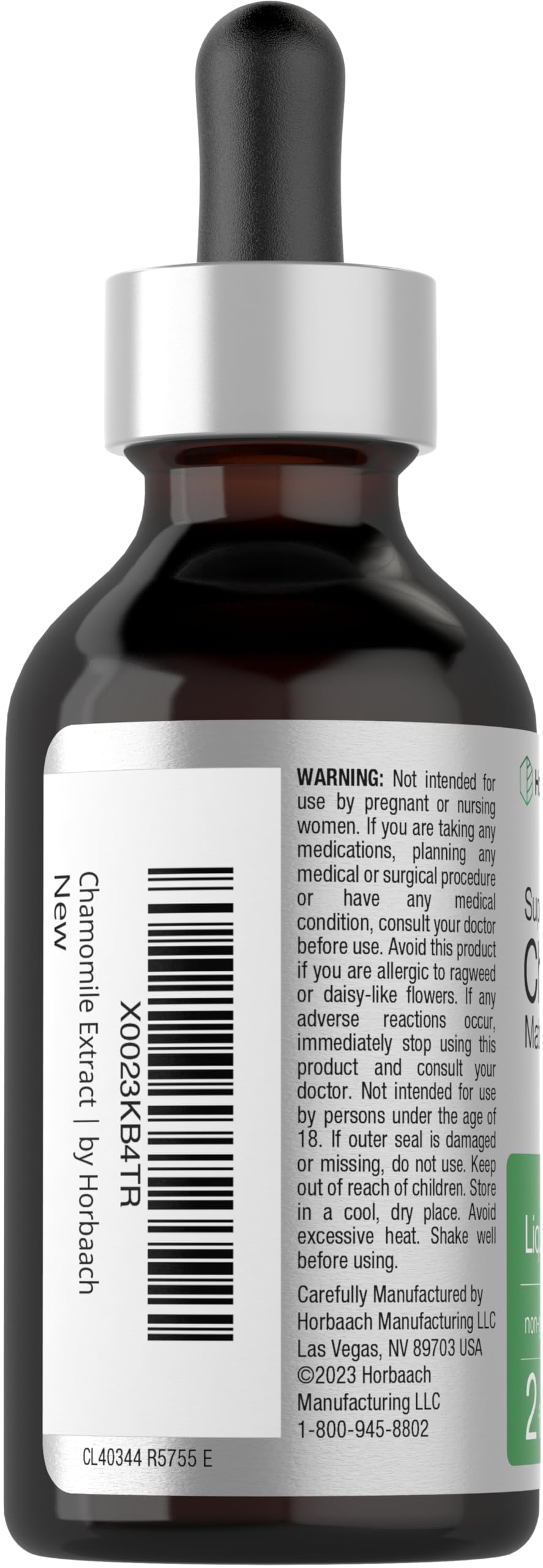 Vegetarian non GMO chamomile liquid extract two fluid ounce packaging details.
