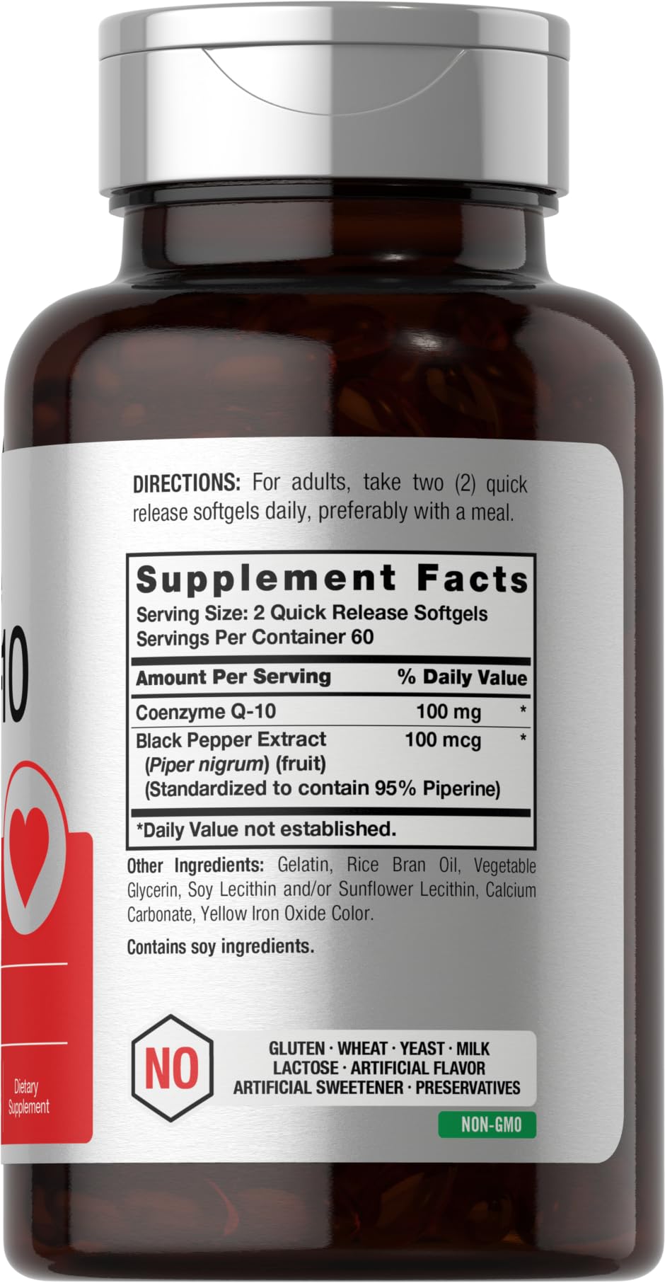 Horbäach Coenzyme Q10 100mg dietary supplement packaging details and ingredient list panel.