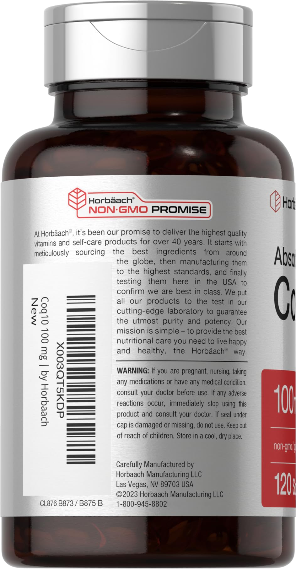 Horbäach absorbable CoQ-10 120 quick release softgels showing non-GMO and gluten-free seals.