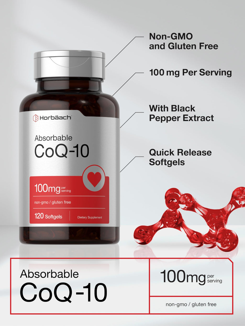 Horbäach coenzyme Q10 bottle highlighting high absorption black pepper extract