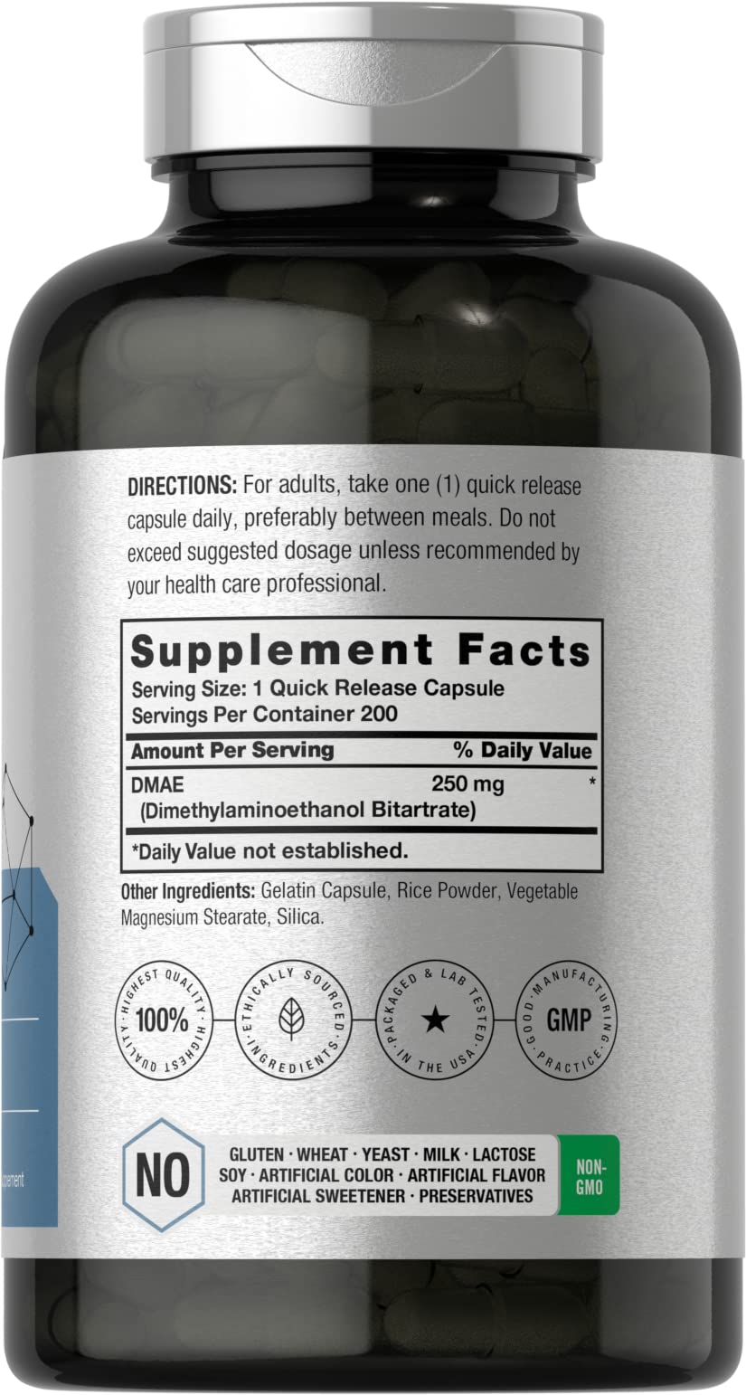 Horbäach dimethylaminoethanol bitartrate dietary supplement bottle showing ingredient panel details