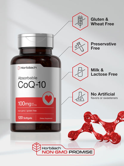 Close up view of Horbäach CoQ10 100mg supplement softgels showcasing the high absorption blend.