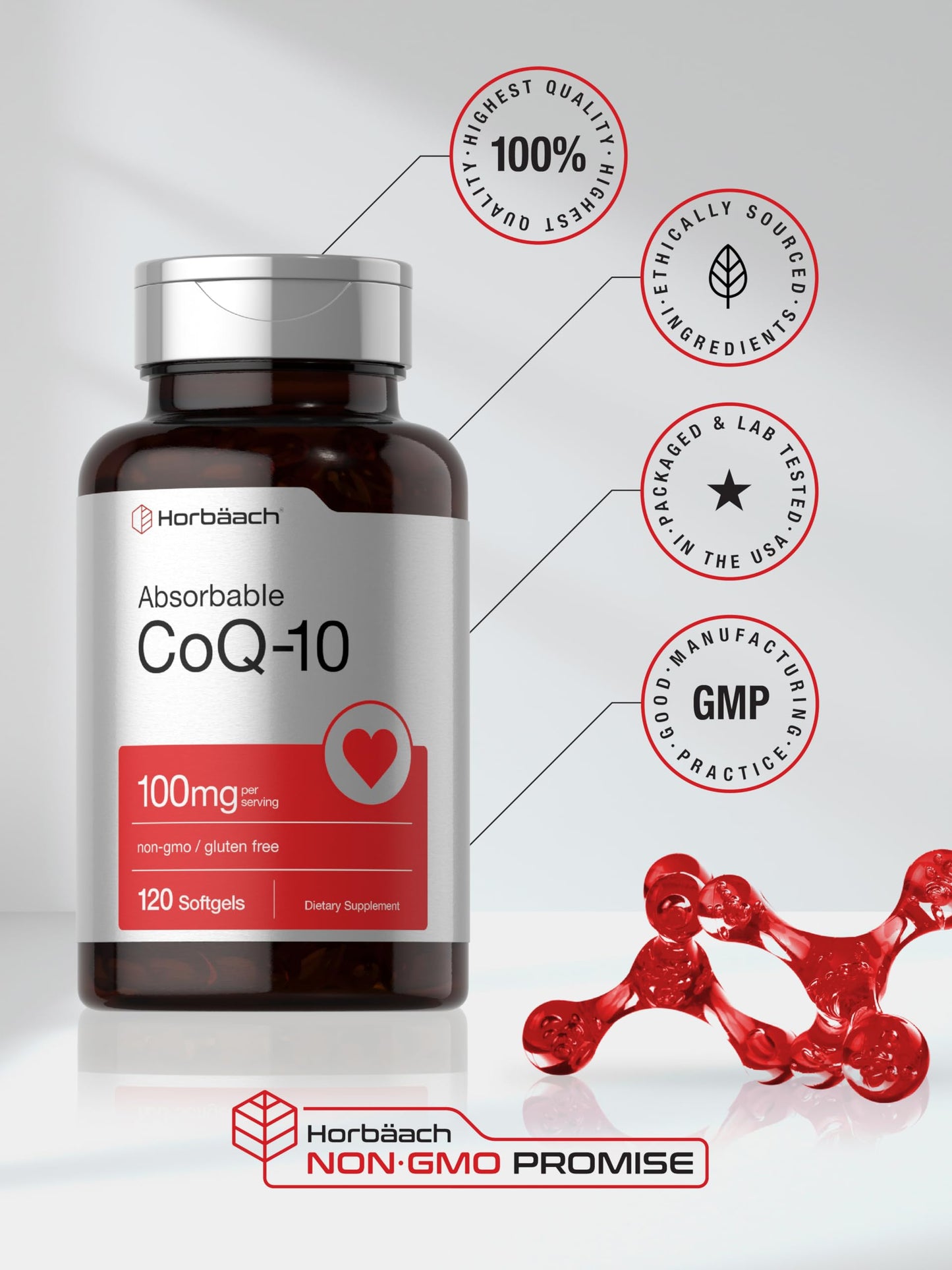 Horbäach Coenzyme Q10 premium antioxidant product bottle setup displaying dosage instructions.