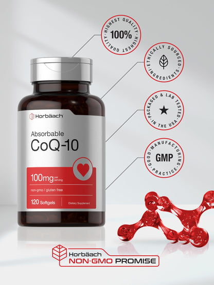Horbäach Coenzyme Q10 premium antioxidant product bottle setup displaying dosage instructions.