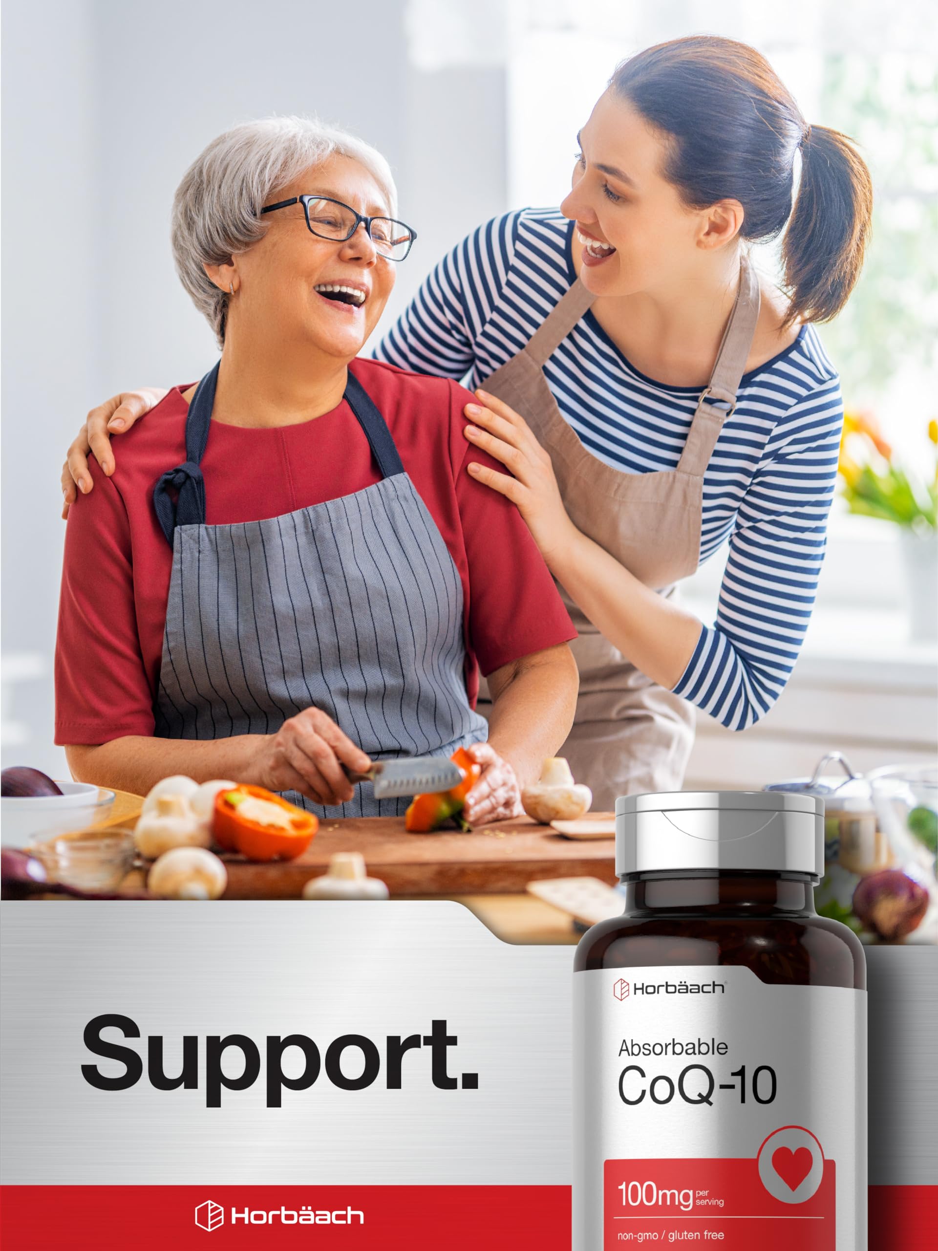 Horbäach black pepper extract infused CoQ10 cellular energy formula on a clear background.