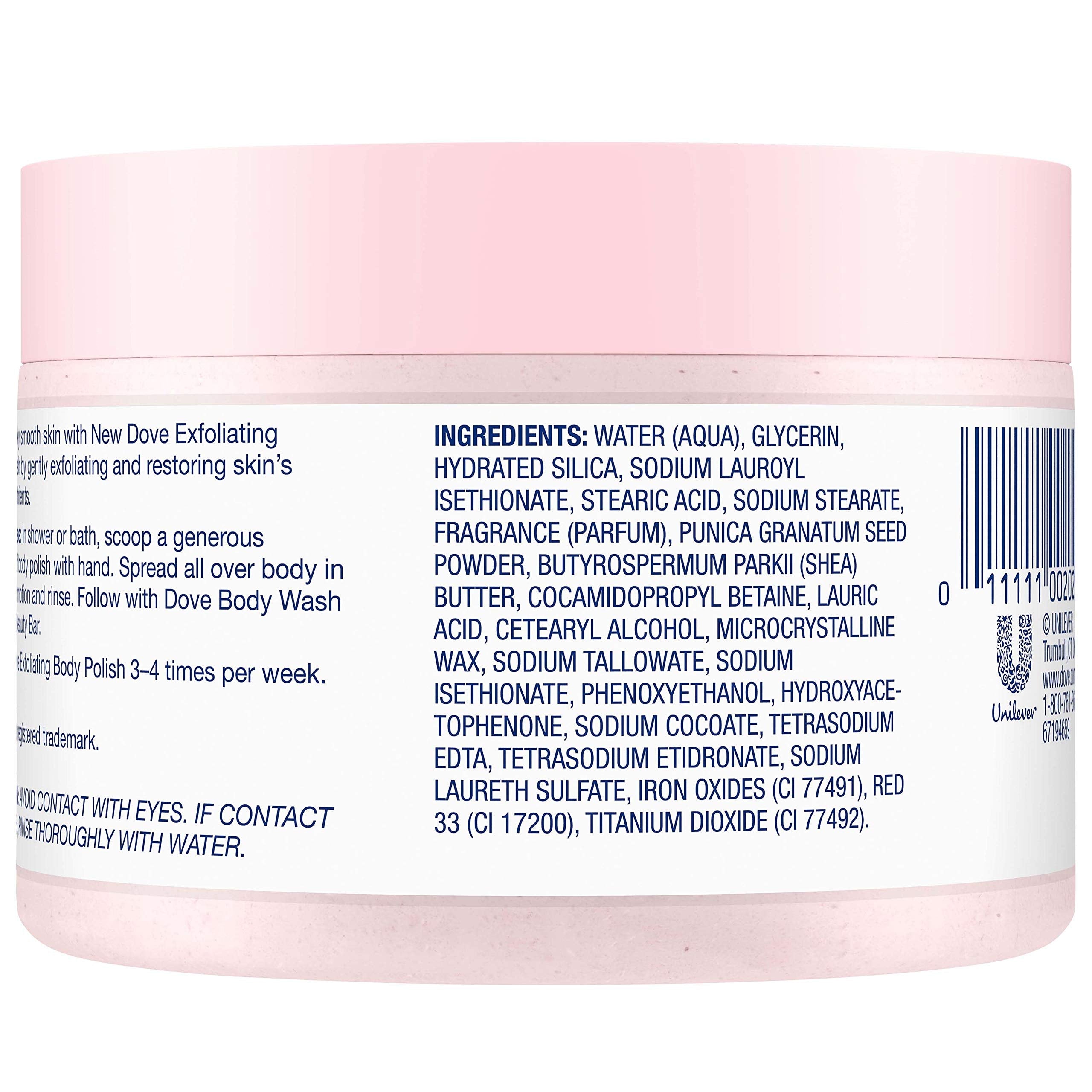 Creamy texture of Dove body scrub with pomegranate seeds displayed on a white background