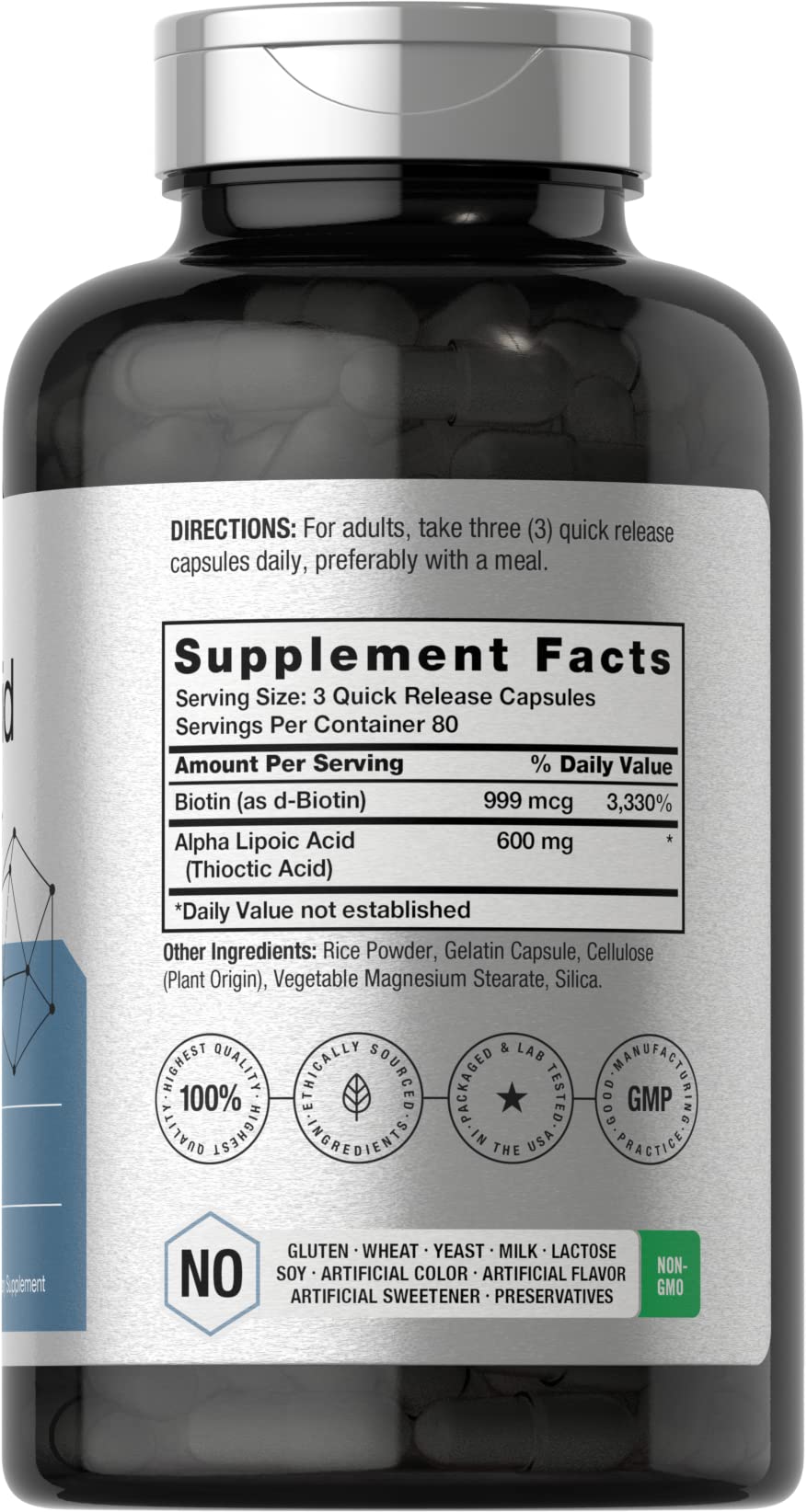 Horbaach universal antioxidant supplement bottle showing biotin optimizer formula details