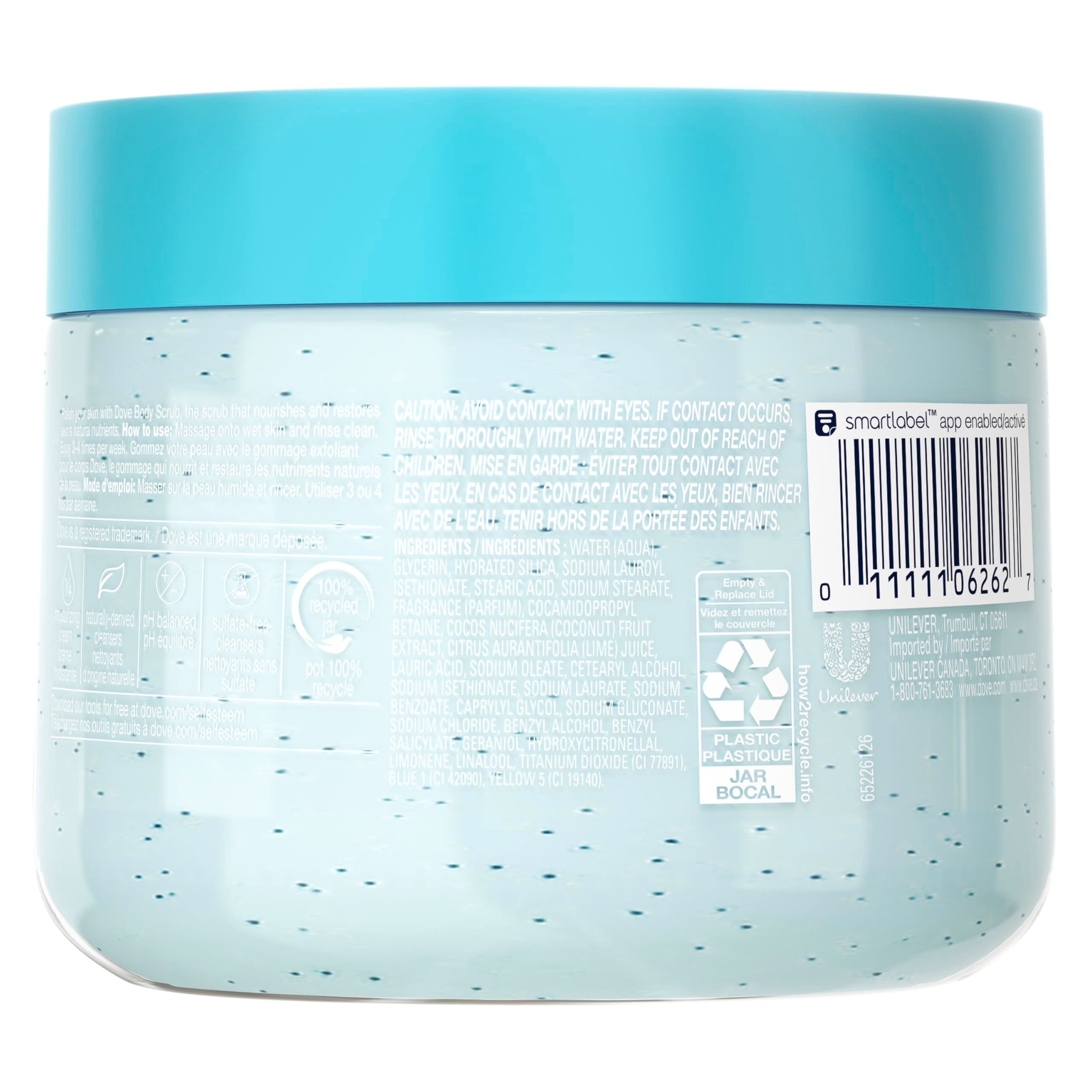 Close up view of the creamy whipped texture of Dove Tropical Coconut and Lime exfoliating body polish.