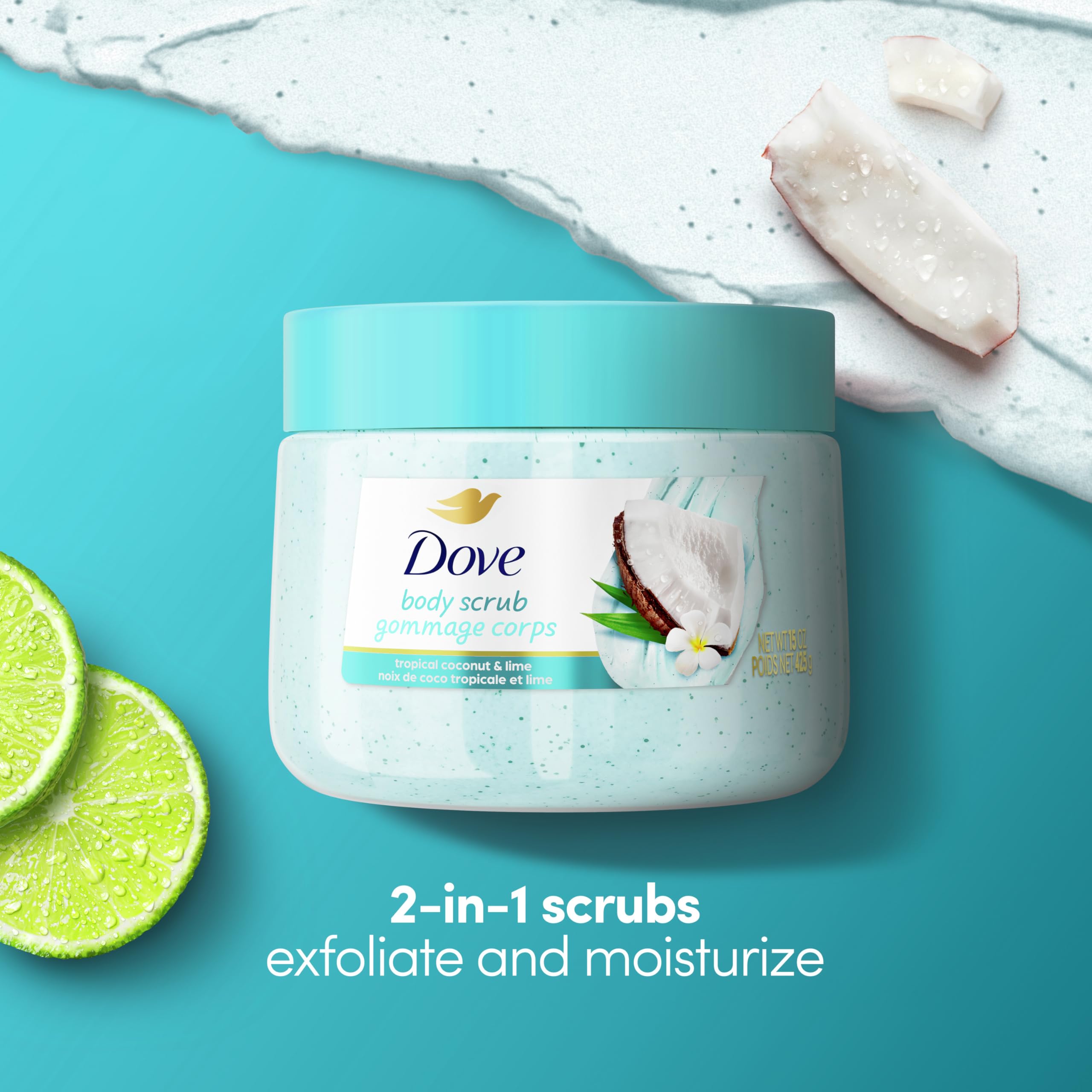 Back label of Dove Moisturizing Body Scrub showing directions for use and product ingredients.