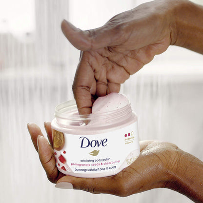 Dove body exfoliator for silky soft skin side profile showing the official brand packaging