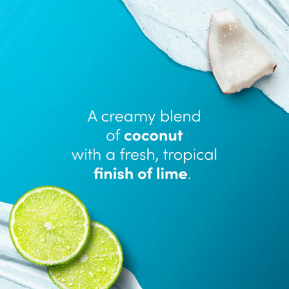 Dove Tropical Coconut and Lime skin renewing exfoliator packaging highlight with one quarter moisturizing cream seal.
