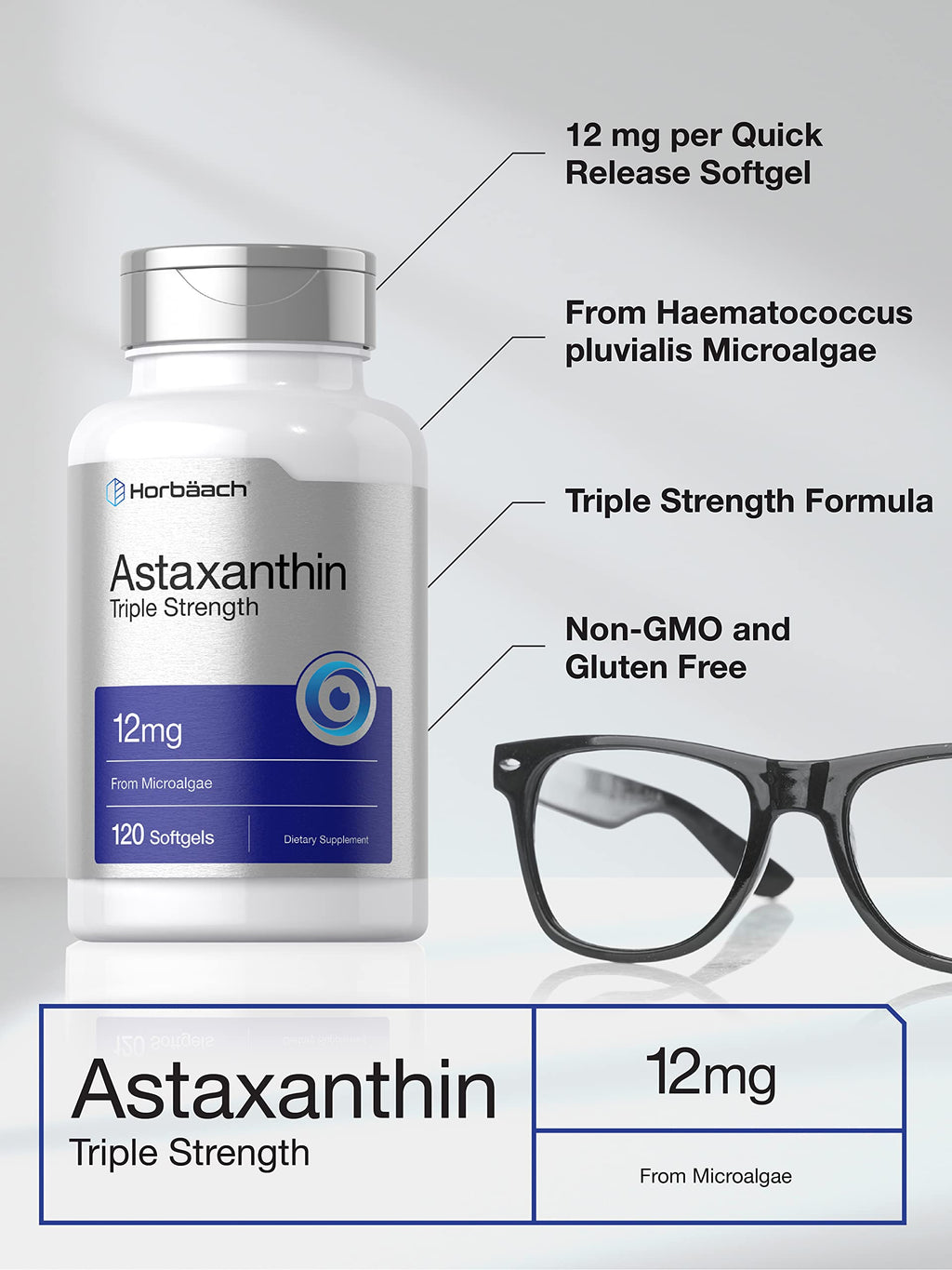 Horbäach Microalgae Astaxanthin softgels closeup nutritional facts