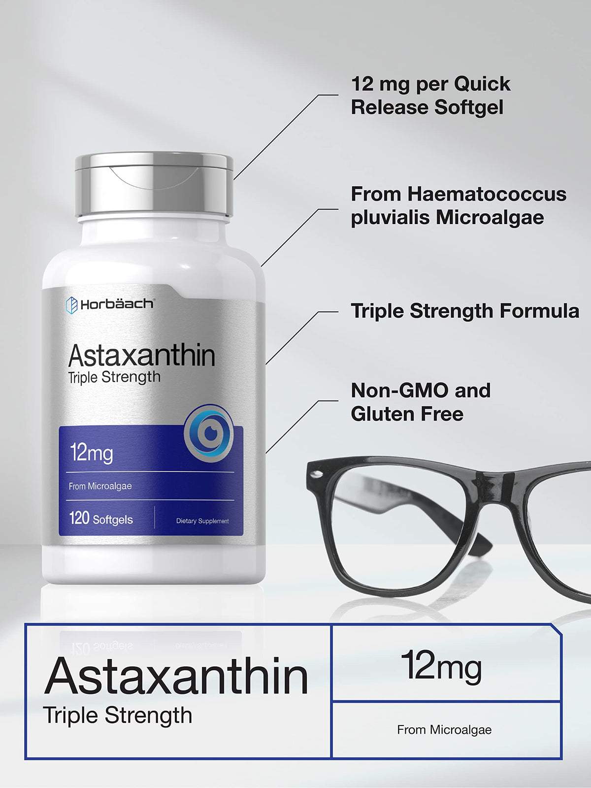 Horbäach Microalgae Astaxanthin softgels closeup nutritional facts