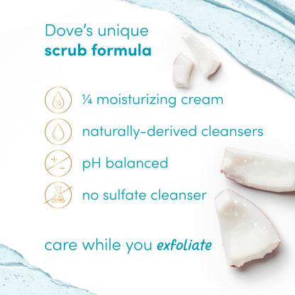 Top angle view of Dove 15 Ounce moisturizing body scrub container with a focus on the secure white lid.