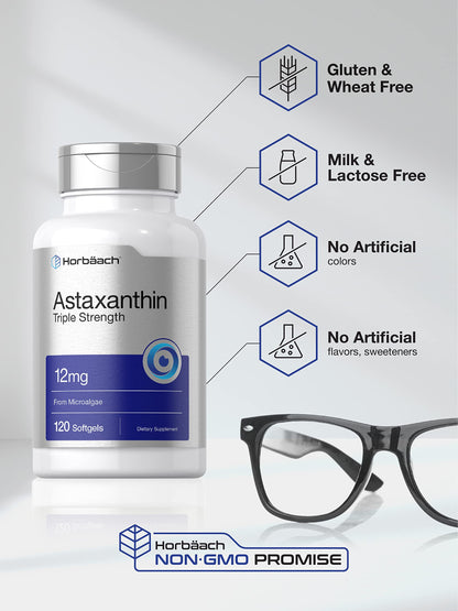 Horbaach Triple Strength Astaxanthin 12mg daily dietary supplement packaging details