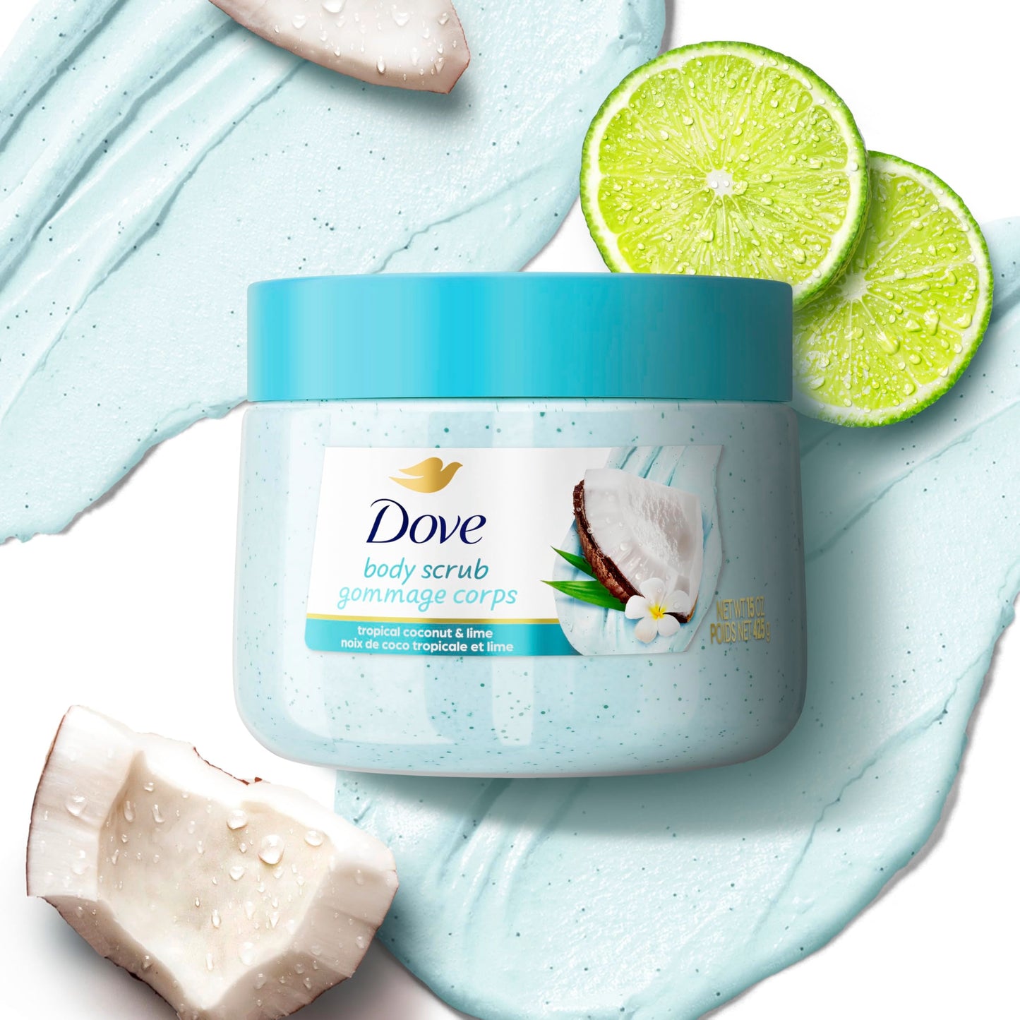 Side view of Dove Tropical Coconut skin care exfoliator highlighting the sulfate free and pH balanced formula.