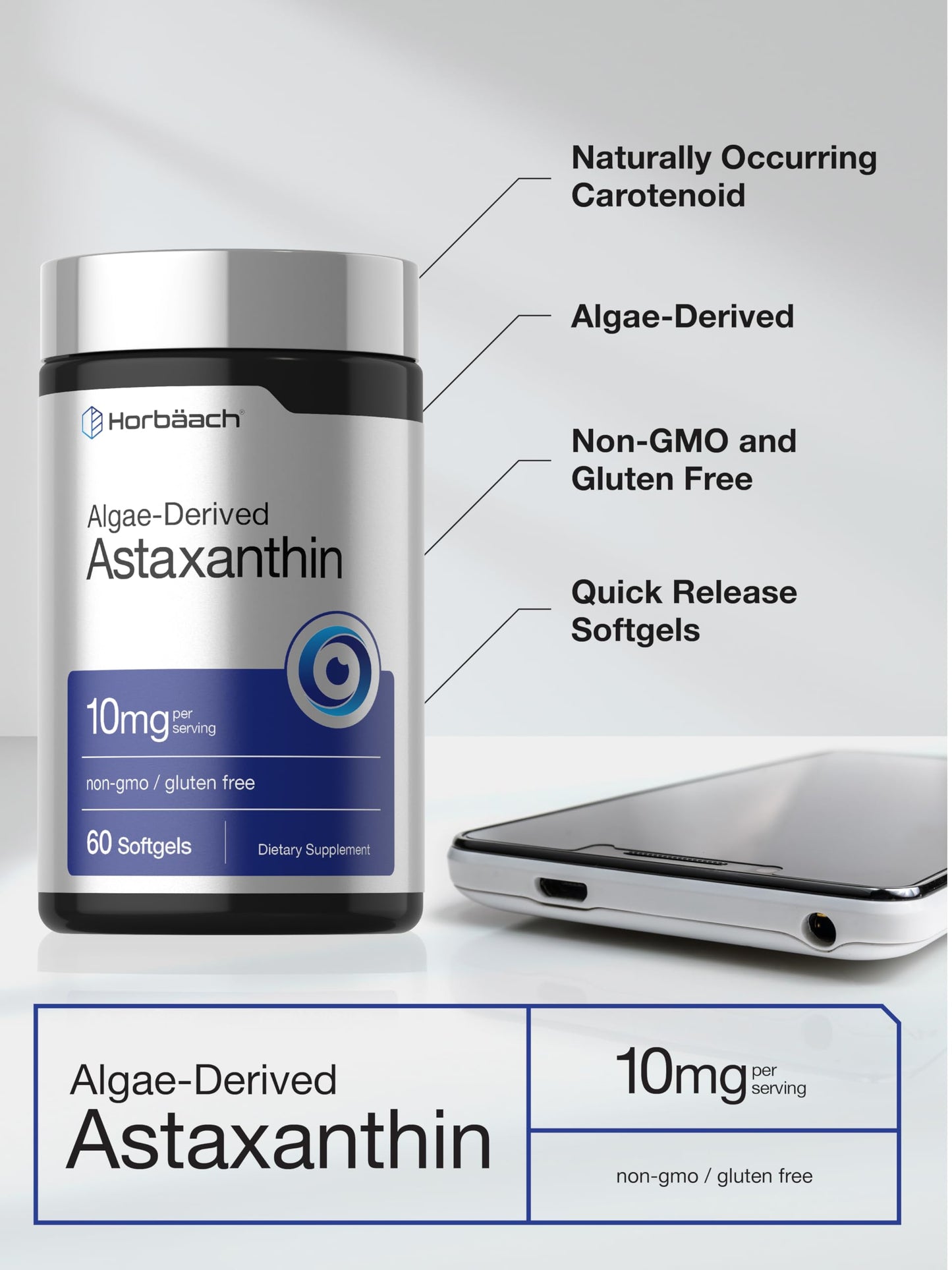 Horbäach USA imported astaxanthin 10 milligram wellness packaging bottom side
