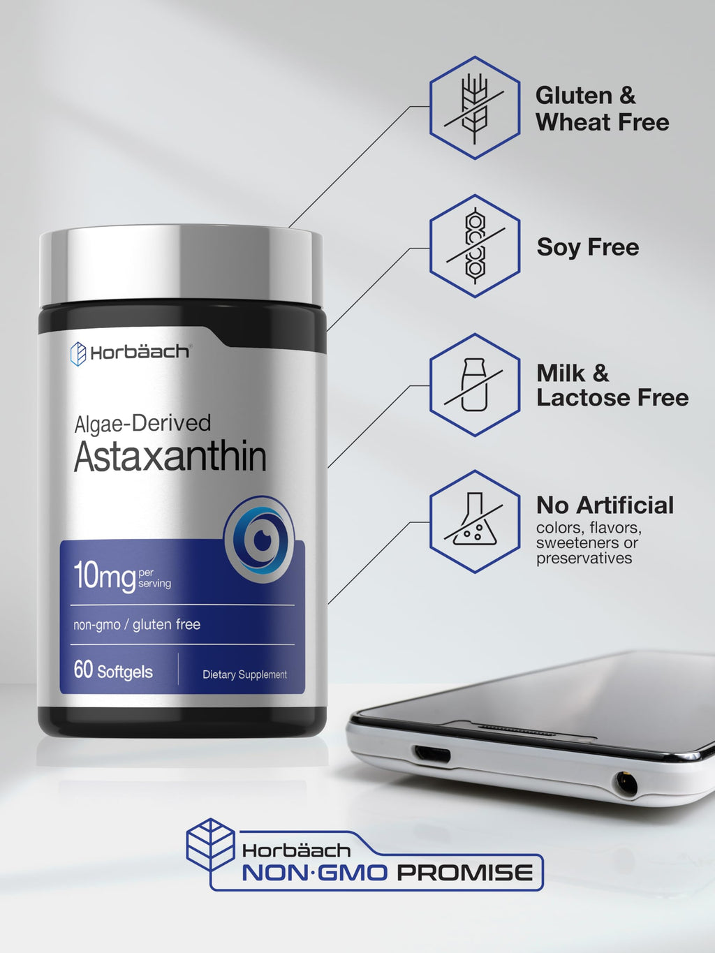 Horbäach Astaxanthin dietary supplement bottle back panel information