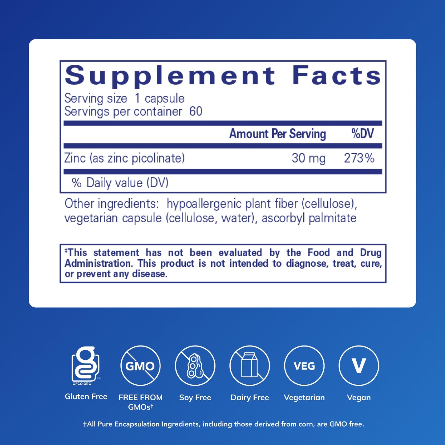 Pure Encapsulations Zinc Picolinate 60 capsules supplement facts panel and clean ingredients list