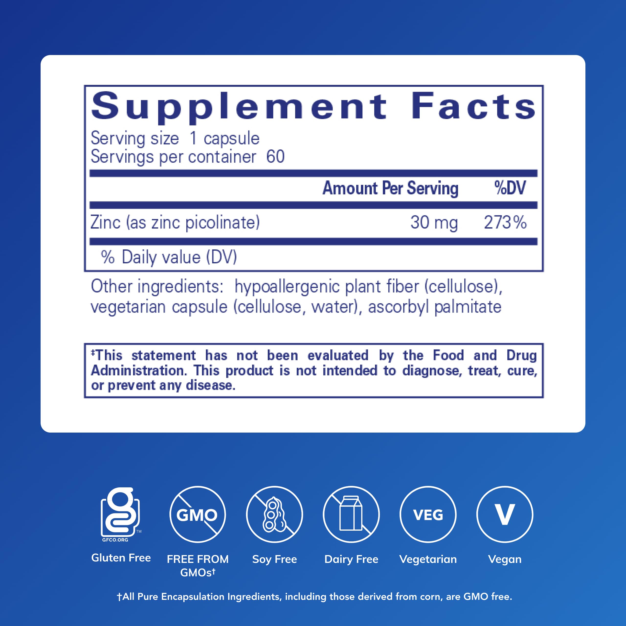 Pure Encapsulations Zinc Picolinate 60 capsules supplement facts panel and clean ingredients list