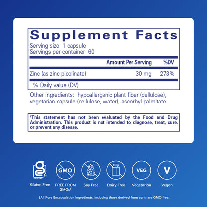 Pure Encapsulations Zinc Picolinate 60 capsules supplement facts panel and clean ingredients list