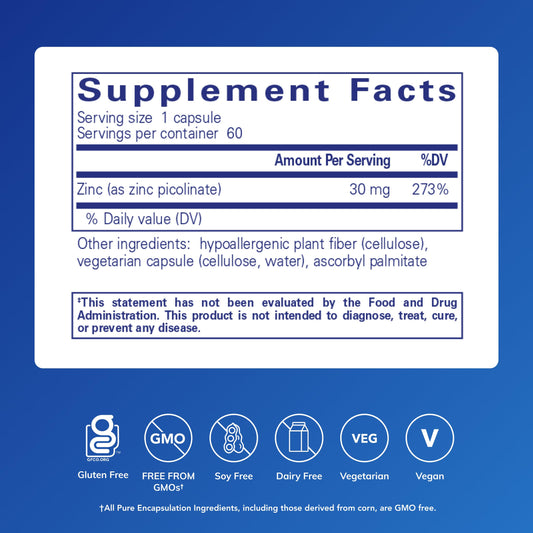 Pure Encapsulations Zinc Picolinate 60 capsules supplement facts panel and clean ingredients list