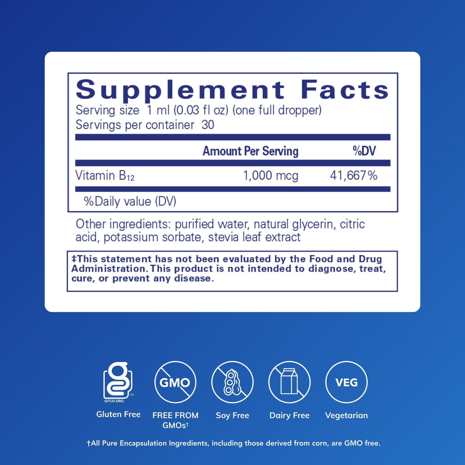 Pure Encapsulations Vitamin B12 liquid supplement dropper bottle for rapid nutrient absorption.