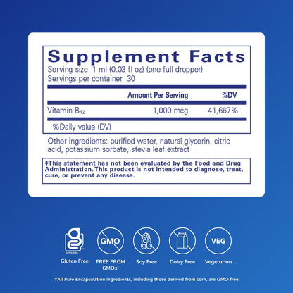 Pure Encapsulations Vitamin B12 liquid supplement dropper bottle for rapid nutrient absorption.