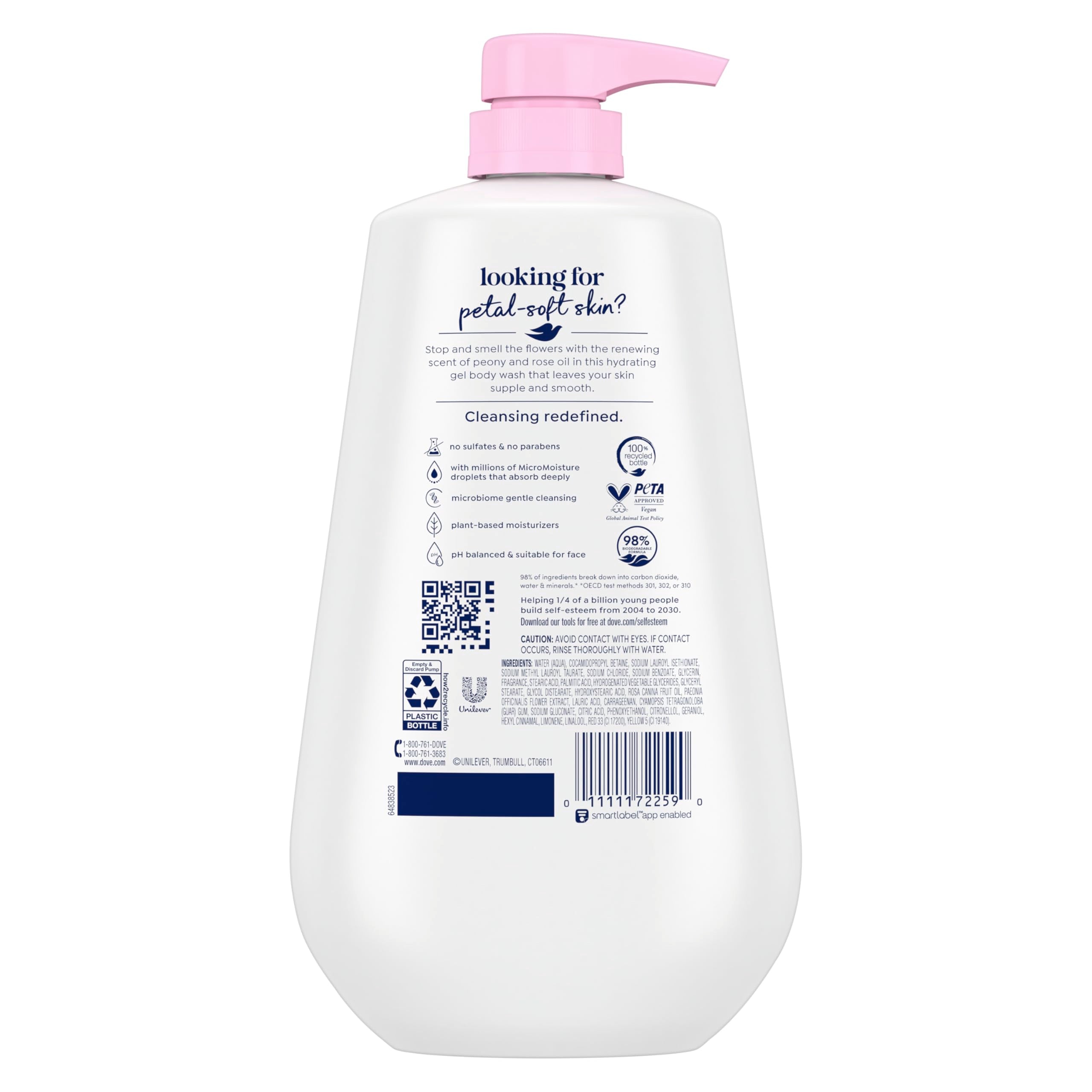 Close up of the label on Dove Peony and Rose Oil body wash highlighting the twenty four hour renewing micromoisture text.