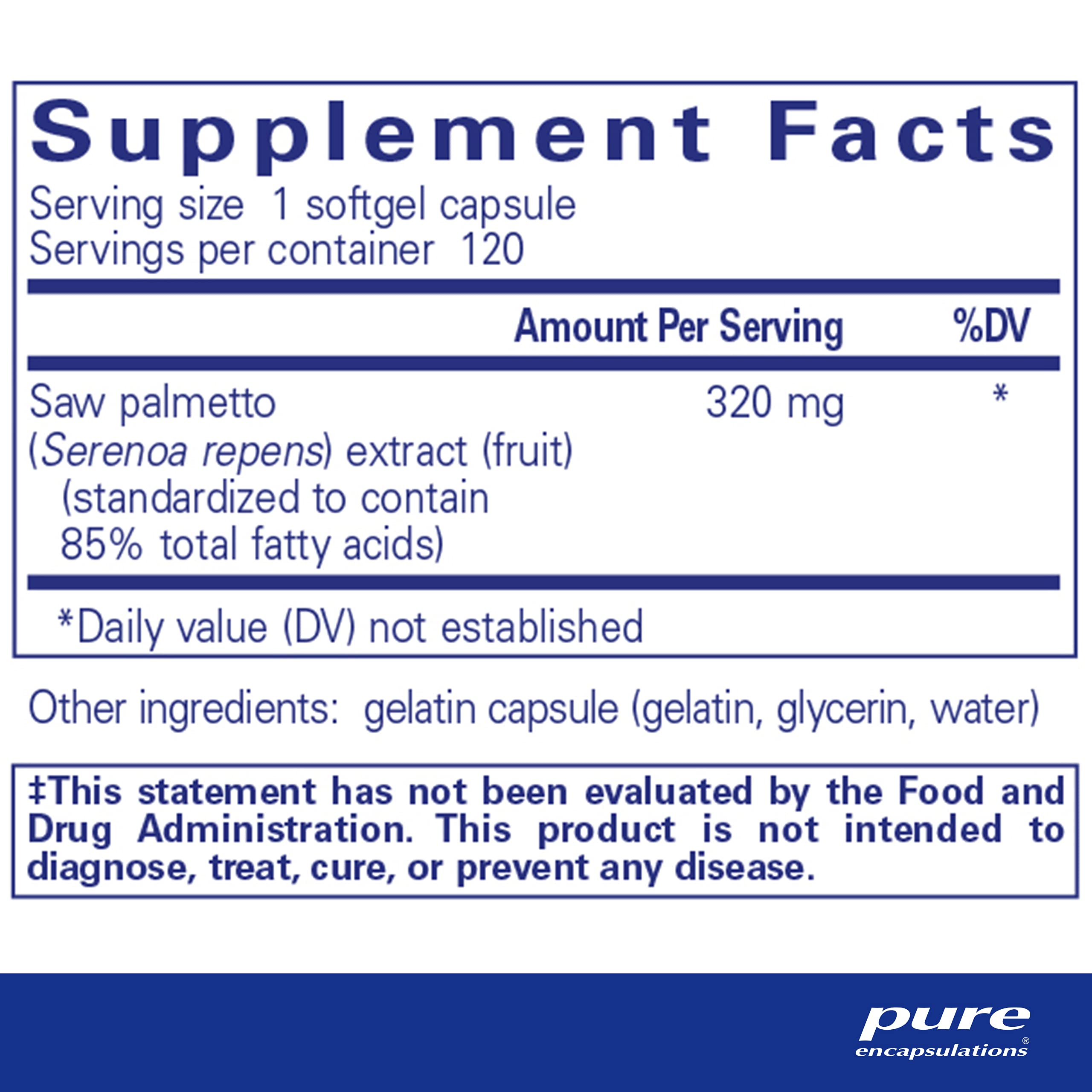 Pure Encapsulations Saw Palmetto 120 softgels supplement facts label details.