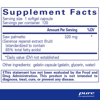 Pure Encapsulations Saw Palmetto 120 softgels supplement facts label details.