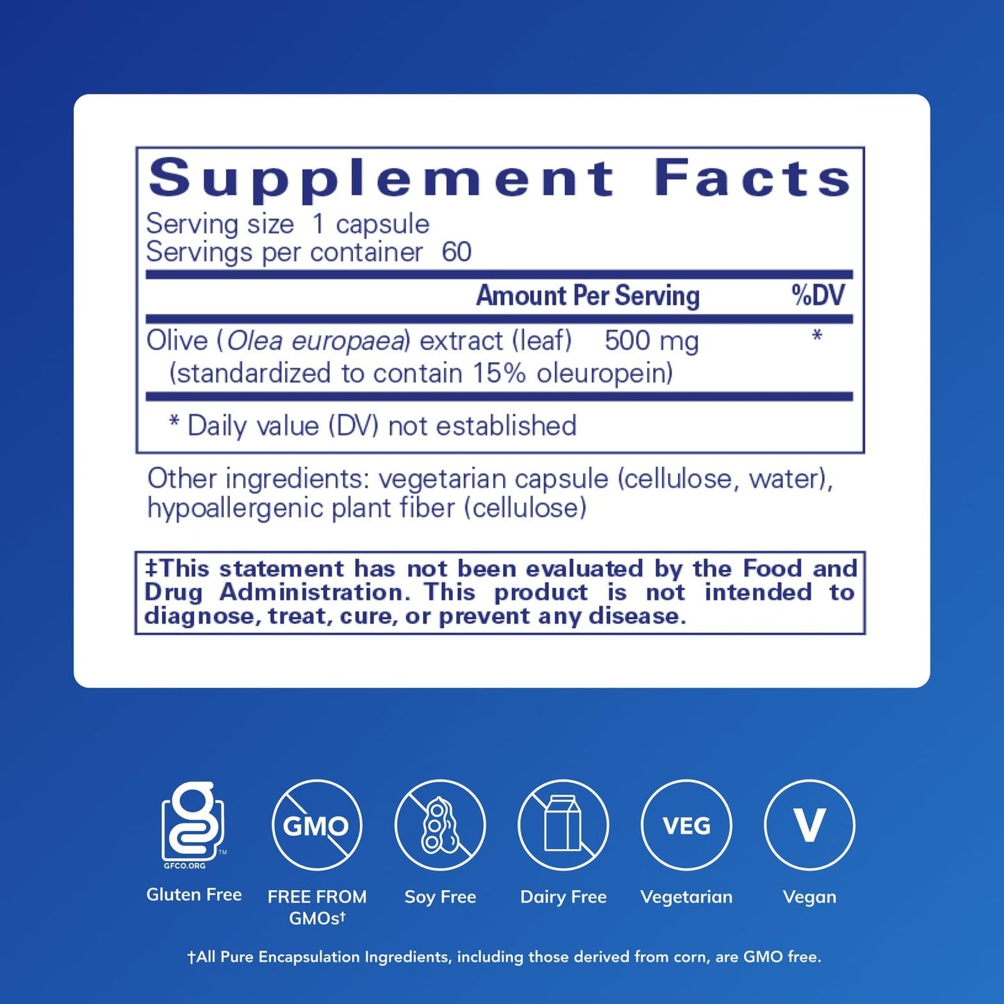 Pure Encapsulations Olive Leaf Extract 60 capsules label details