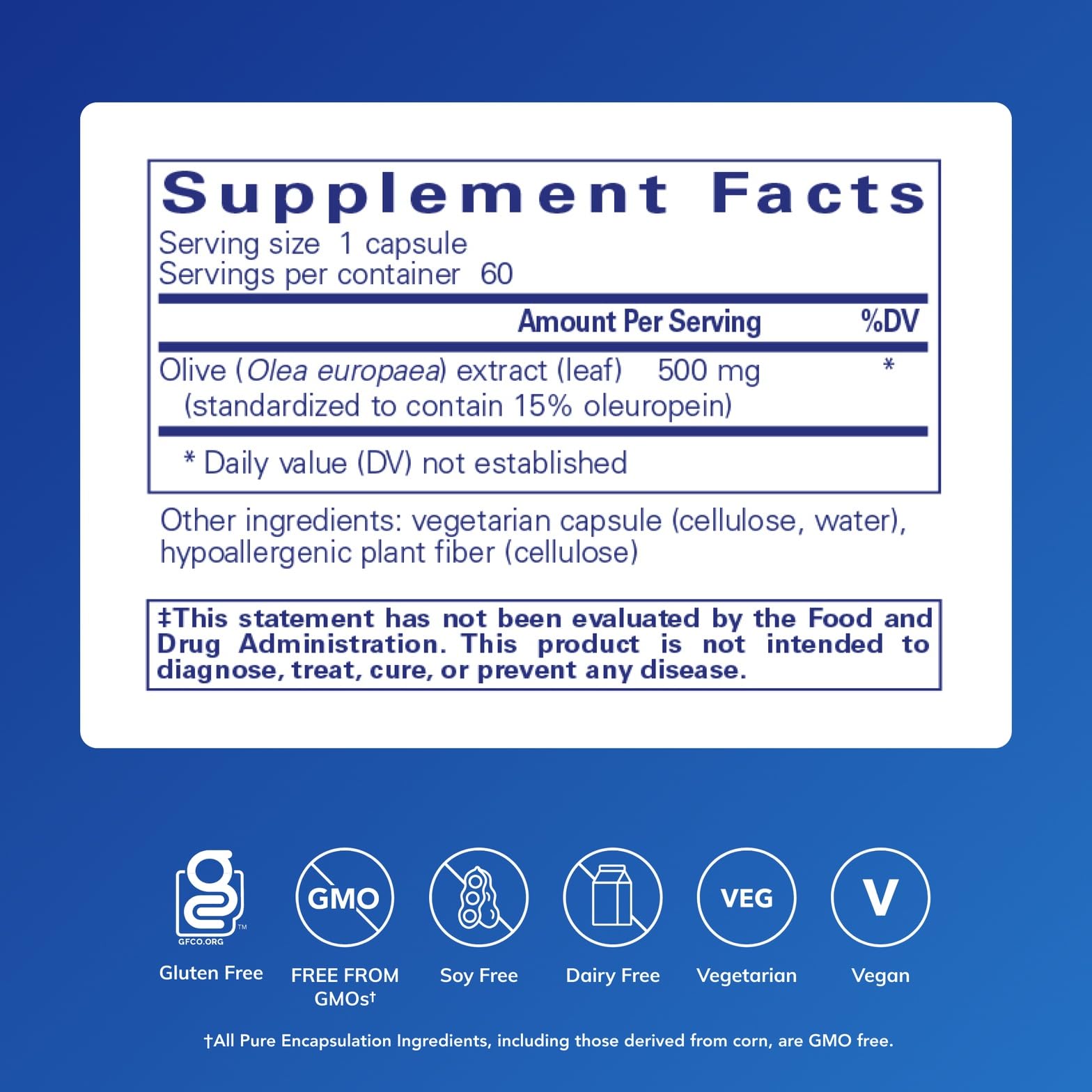 Pure Encapsulations Olive Leaf Extract 60 capsules label details