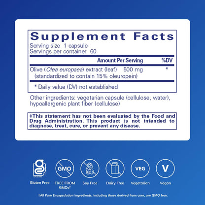 Pure Encapsulations Olive Leaf Extract 60 capsules label details