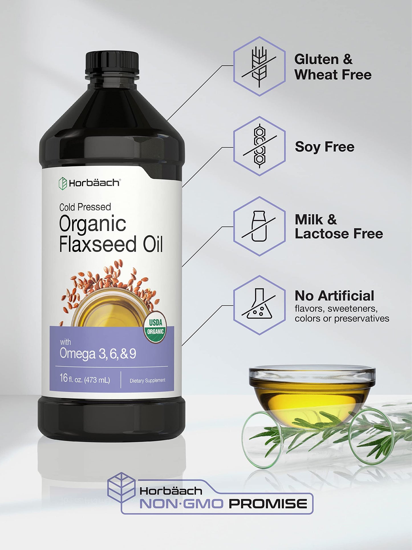 Horbaach non GMO gluten free organic flaxseed oil liquid ingredient list