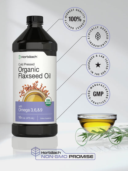 Horbaach certified organic cold pressed linseed oil supplement liquid pour