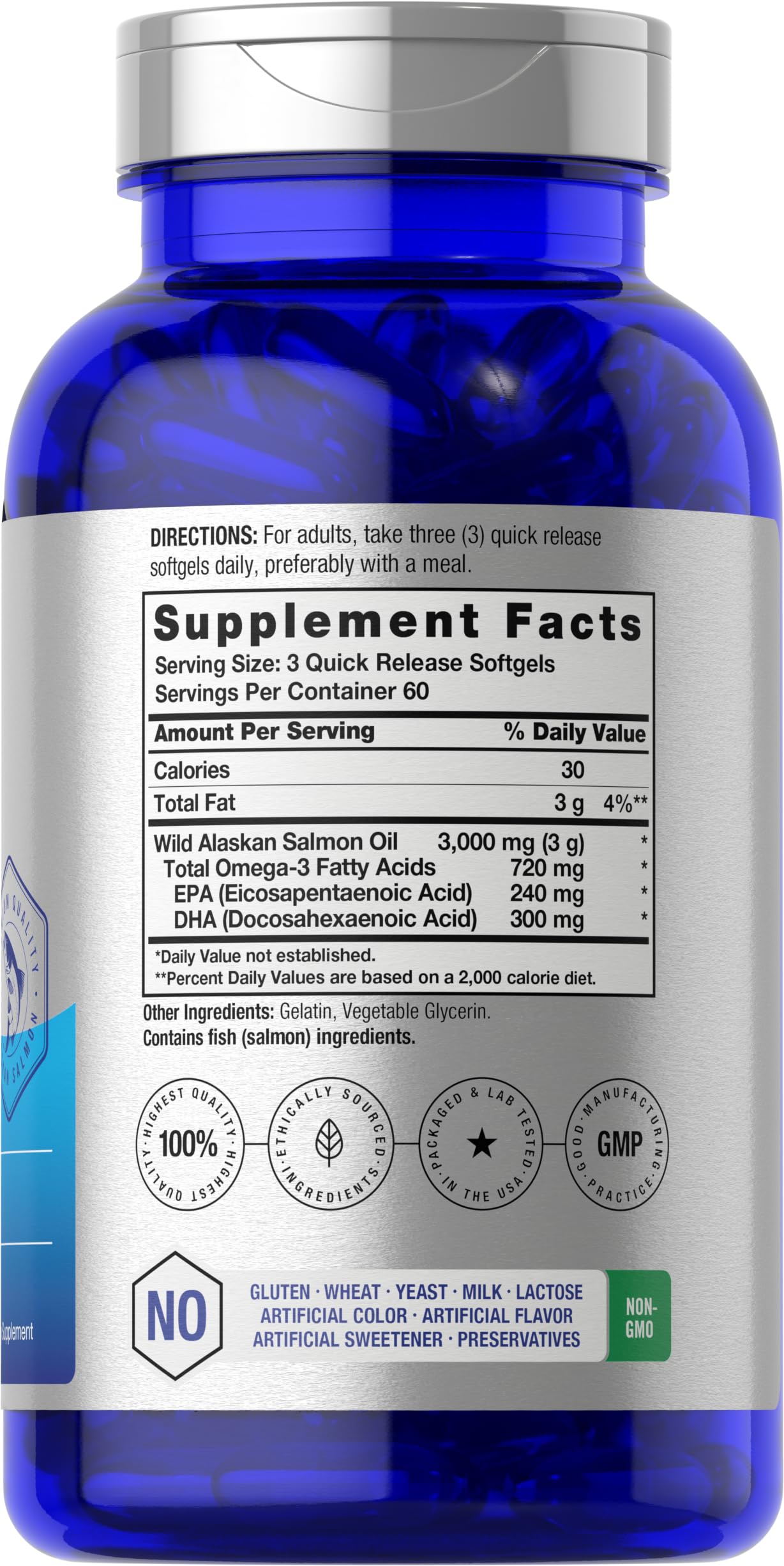 Horbaach Wild Alaskan Salmon Oil supplement facts and ingredient list panel visualization.