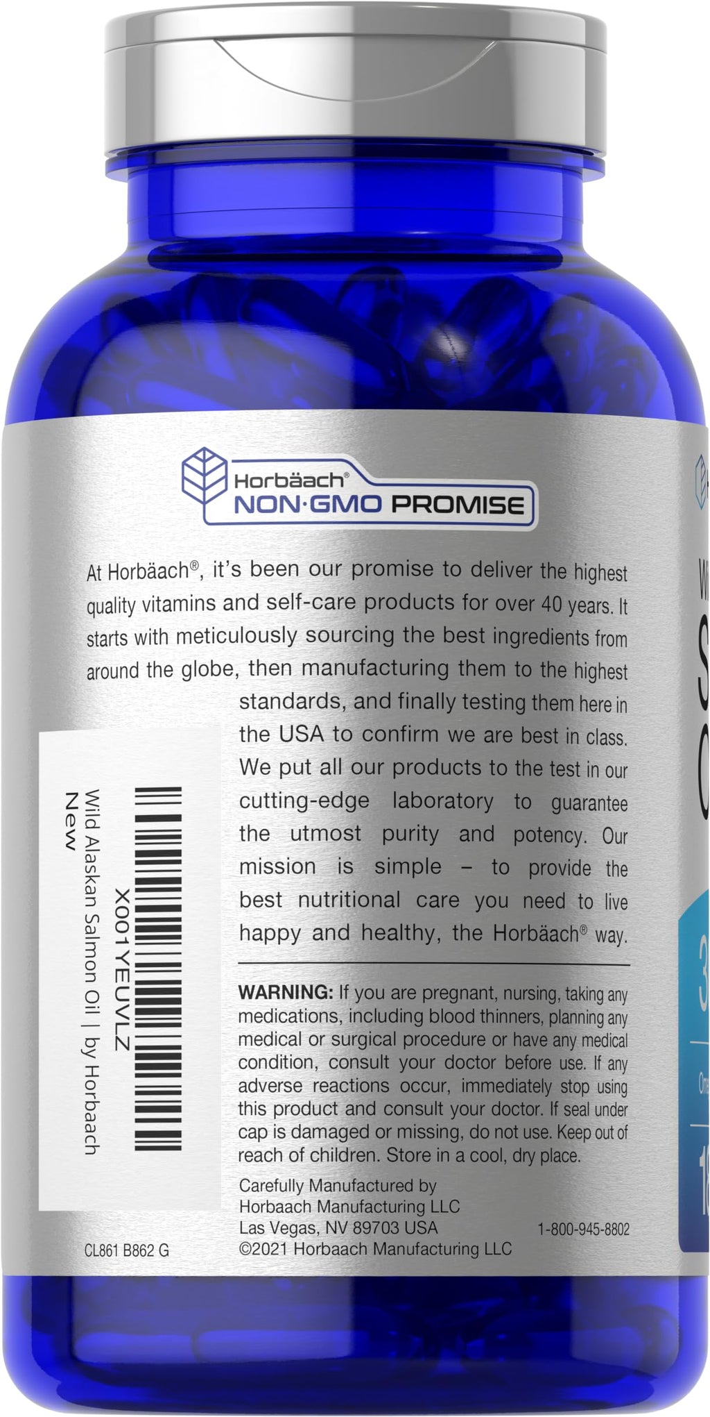 Horbaach Wild Alaskan Salmon Fish Oil softgels close up nutritional view