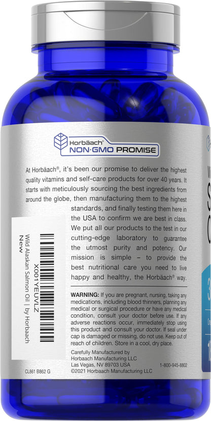 Horbaach Omega 3 fatty acids EPA and DHA 2000 mg softgels spilled next to packaging.