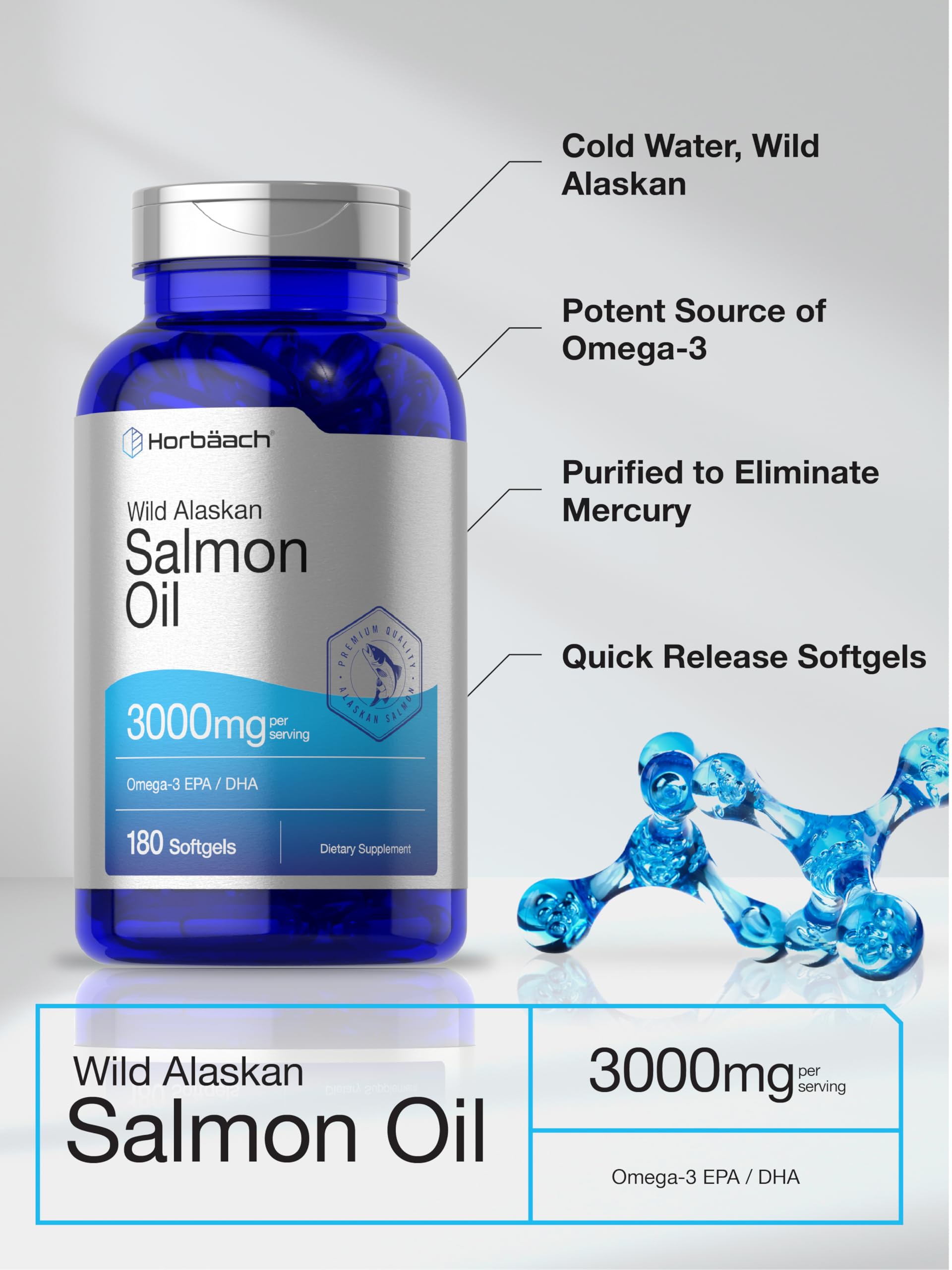 Authentic Horbaach Wild caught cold water salmon oil capsules showing golden amber color.