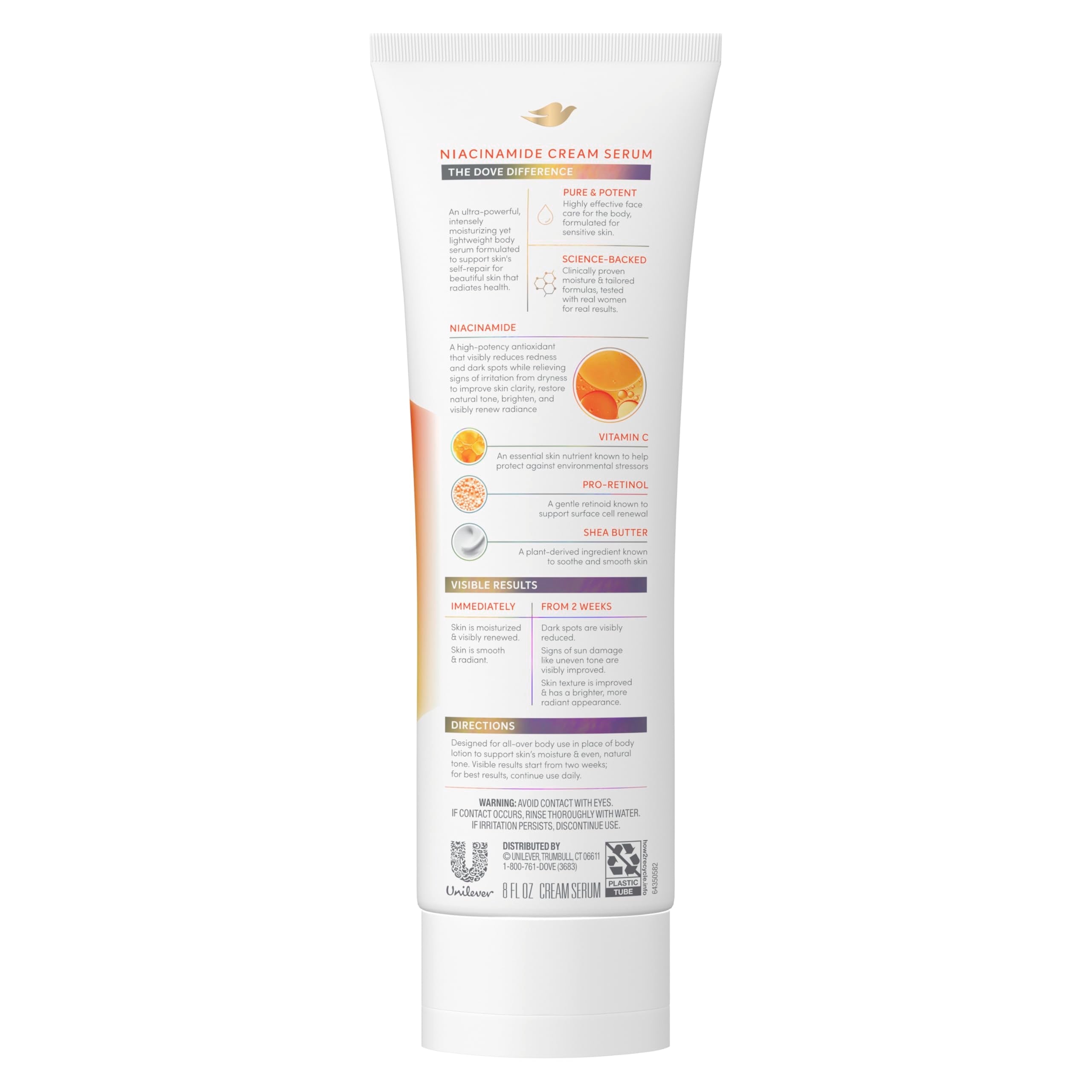 Dove Niacinamide Even Tone lotion packaging details and active ingredients list