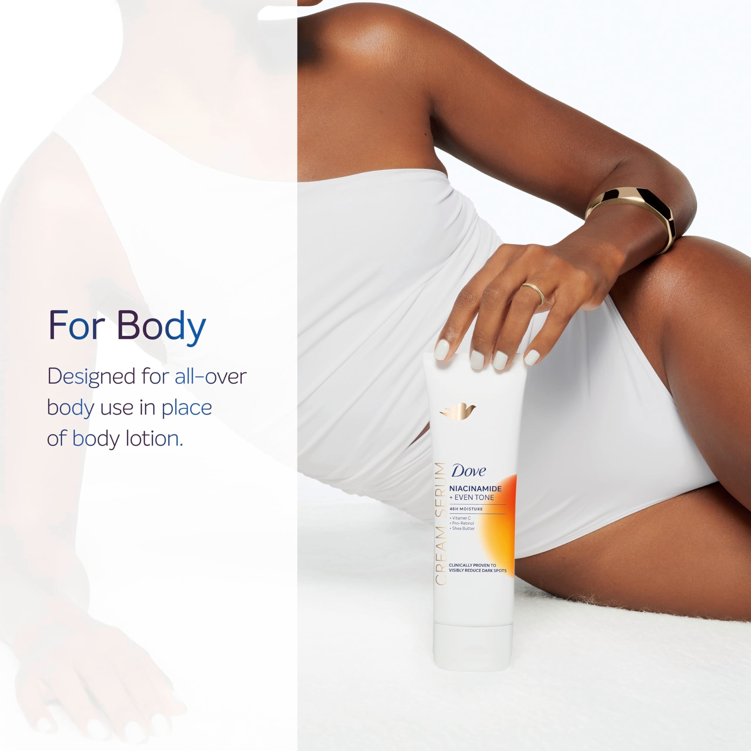 Back label of Dove imported body cream serum showing usage instructions and details