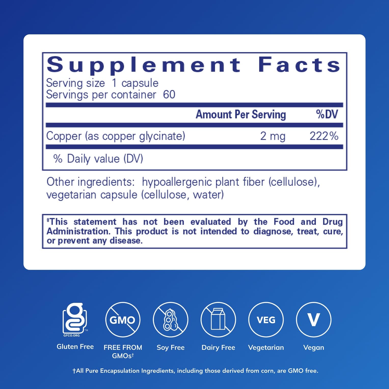 Pure Encapsulations Copper Glycinate 2 mg supplement bottle label showing detailed nutritional information