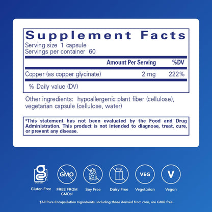 Pure Encapsulations Copper Glycinate 2 mg supplement bottle label showing detailed nutritional information