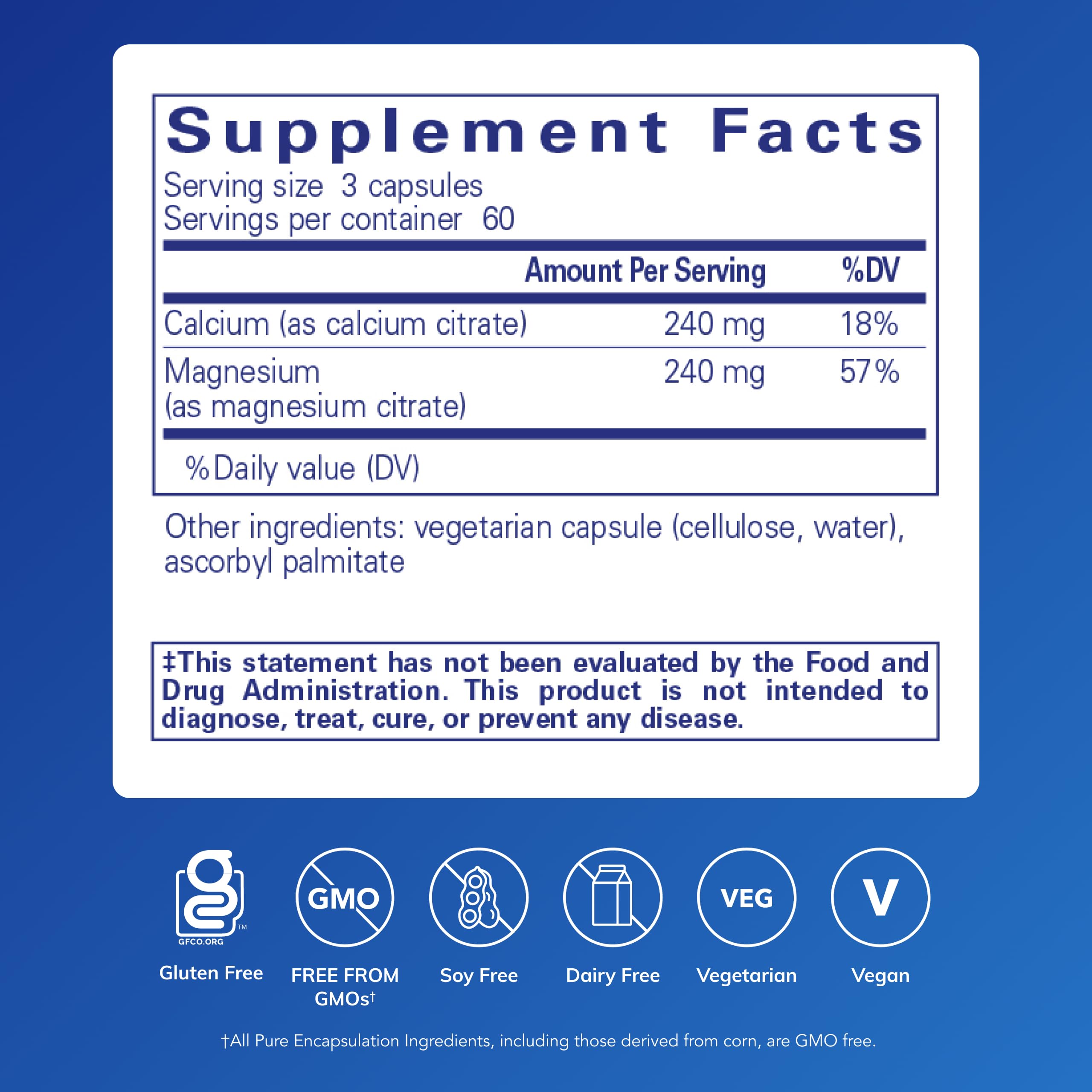 Pure Encapsulations hypoallergenic calcium magnesium supplement facts label showing ingredient dosages